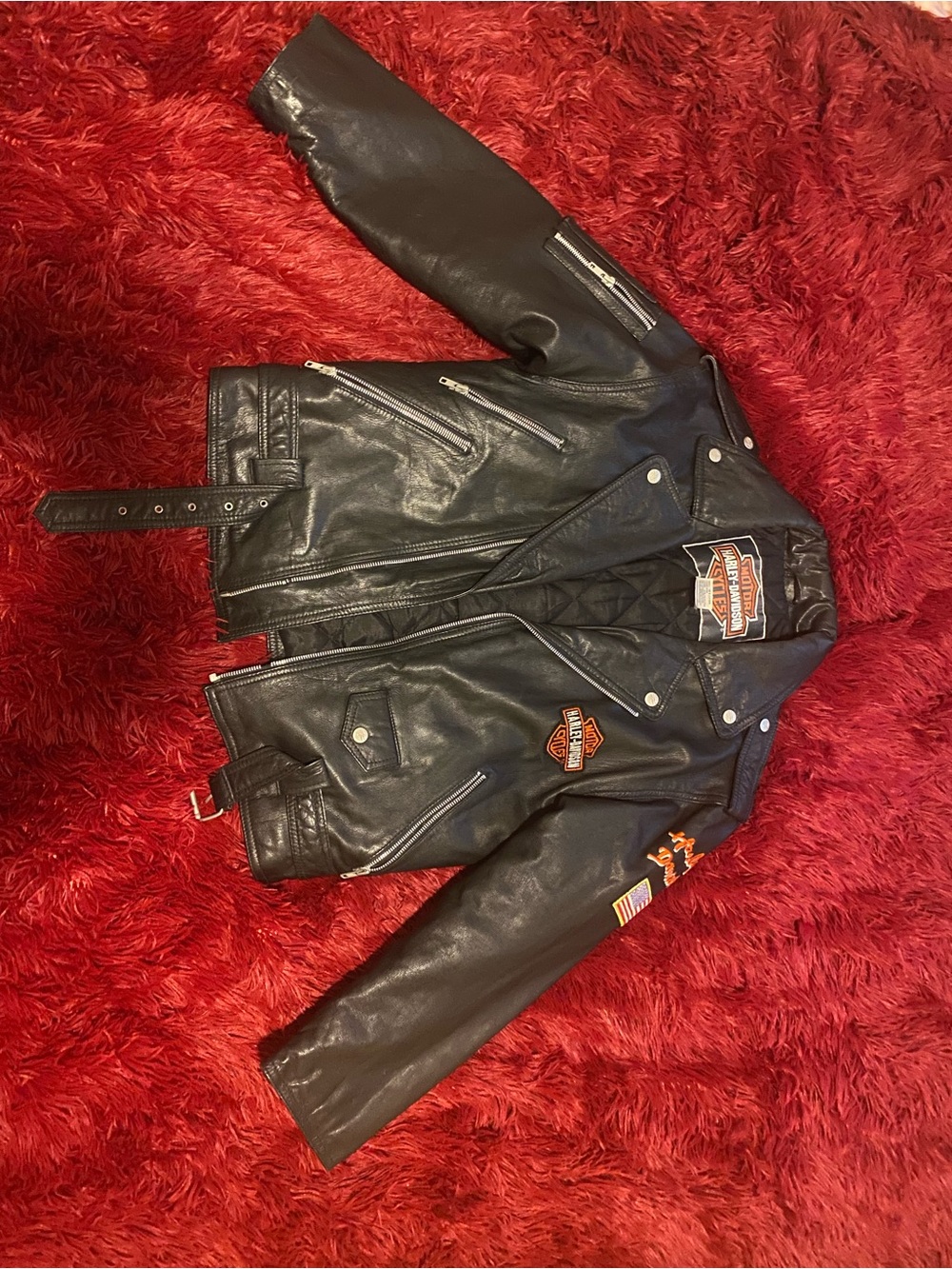 Harley-Davidson Black Leather Motorcycle Jacket with Patch Accents